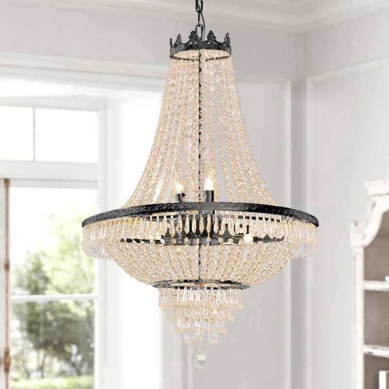 Lustre classique en cristal noir style Empire, 9 lumières