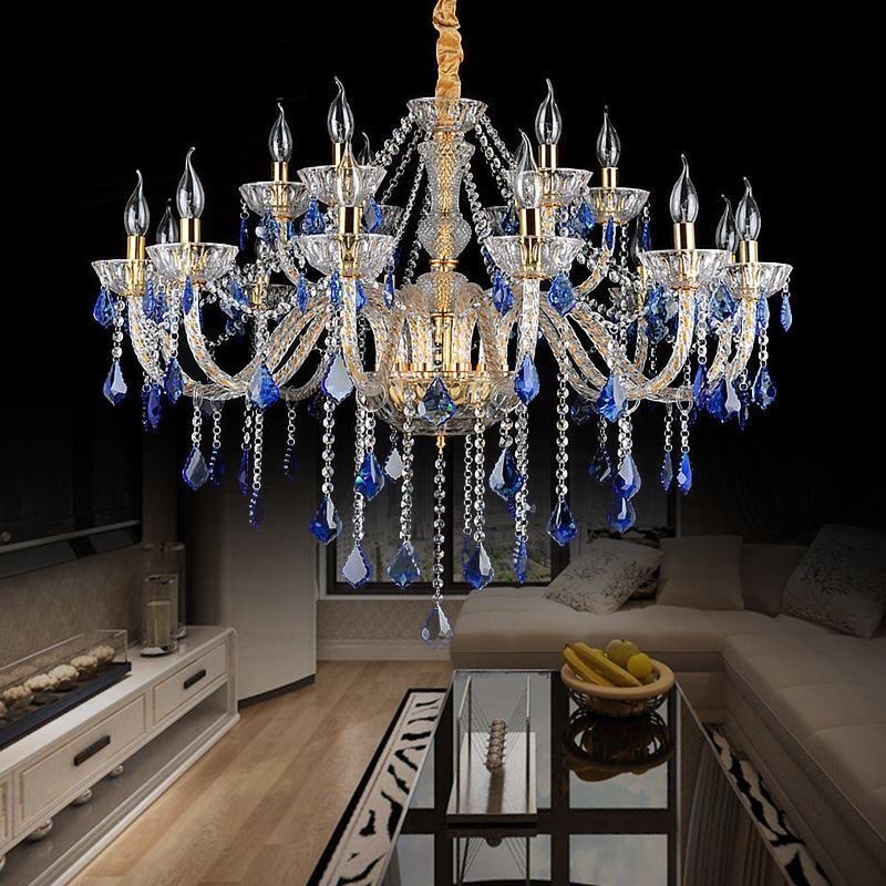 Lustre européen en cristal de luxe, suspension bleue