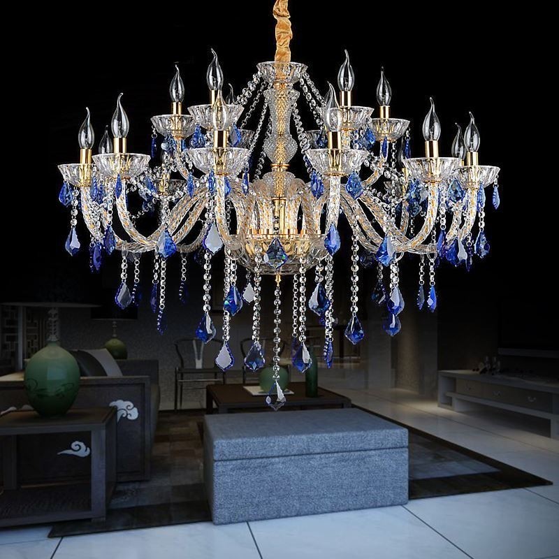 Lustre européen en cristal de luxe, suspension bleue