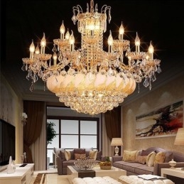 Grand lustre en cristal de luxe, plafonnier européen doré