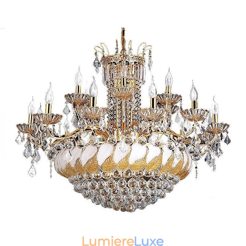 Grand lustre en cristal de luxe, plafonnier européen doré
