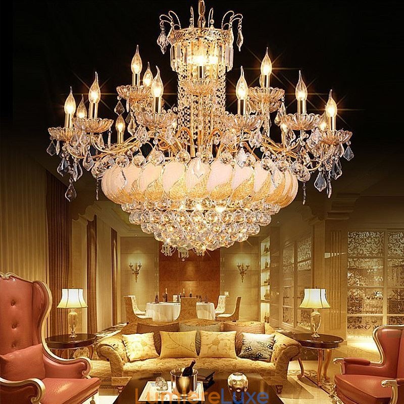 Grand lustre en cristal de luxe, plafonnier européen doré