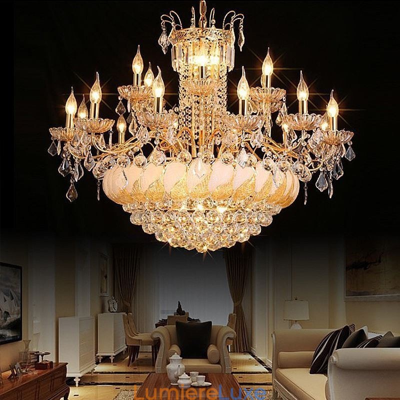 Grand lustre en cristal de luxe, plafonnier européen doré