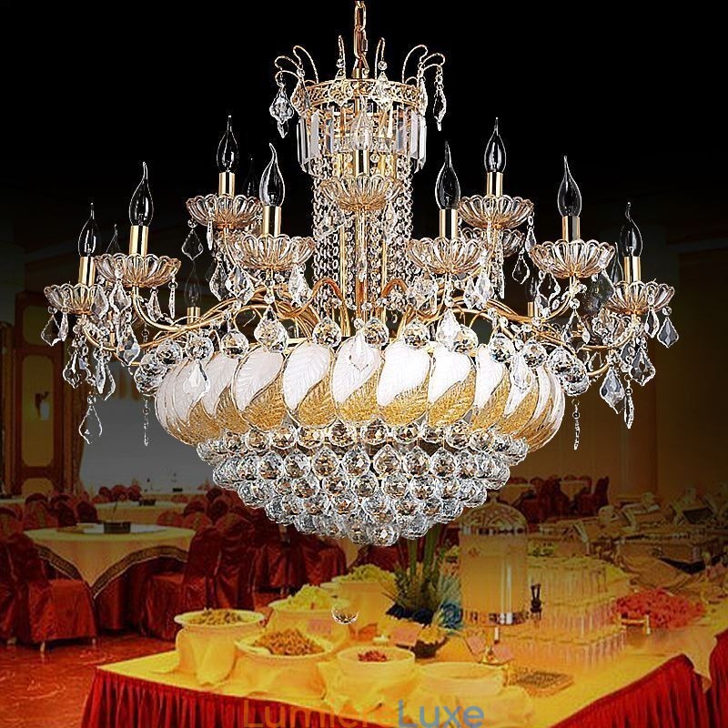 Grand lustre en cristal de luxe, plafonnier européen doré