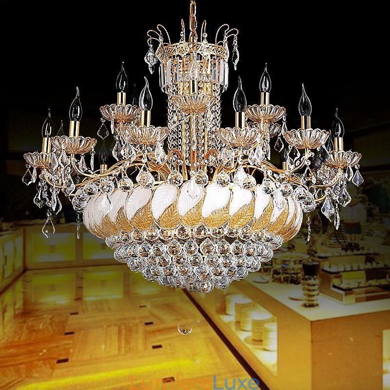 Grand lustre en cristal de luxe, plafonnier européen doré