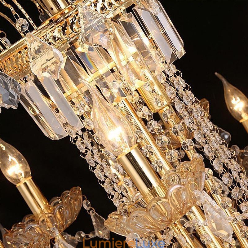 Grand lustre en cristal de luxe, plafonnier européen doré