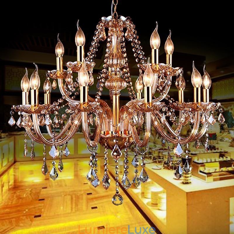 Lustre européen en cristal élégant et grand modèle, ambre