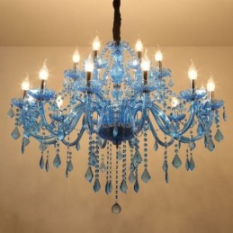 Grand lustre en cristal européen suspendu de couleur bleue esthétique