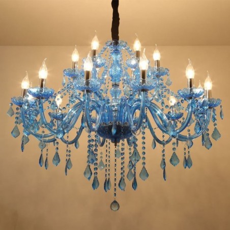 Grand lustre en cristal européen suspendu de couleur bleue esthétique Grand lustre en cristal européen suspendu de couleur bleue esthétique