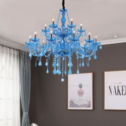 Grand lustre en cristal européen suspendu de couleur bleue esthétique