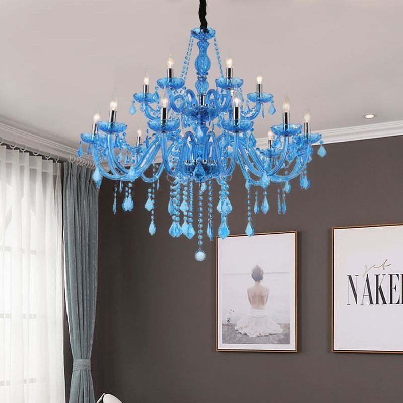 Grand lustre en cristal européen suspendu de couleur bleue esthétique