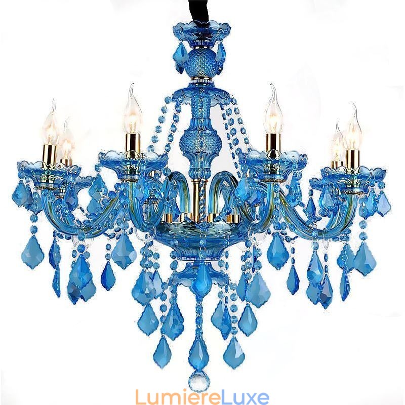 Grand lustre en cristal bleu, suspension européenne