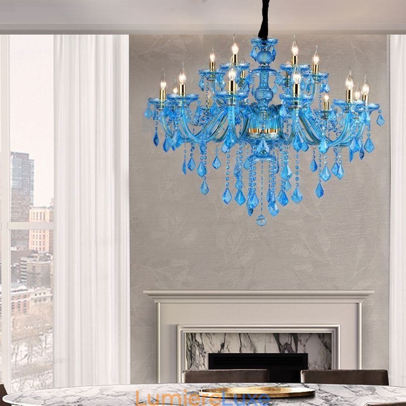 Grand lustre en cristal bleu, suspension européenne