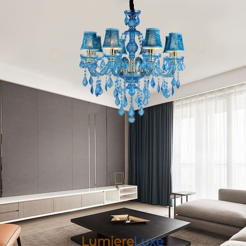 Grand lustre en cristal bleu, suspension européenne