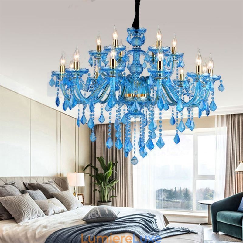Grand lustre en cristal bleu, suspension européenne