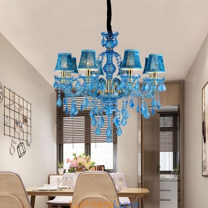 Grand lustre en cristal bleu, suspension européenne