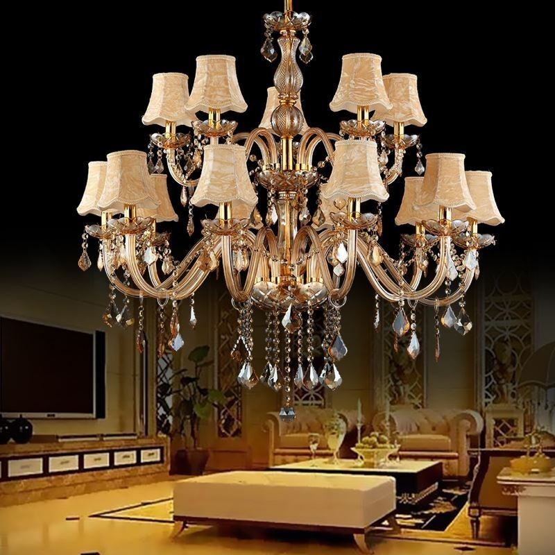 Grand lustre en cristal de luxe, plafonnier ambré européen