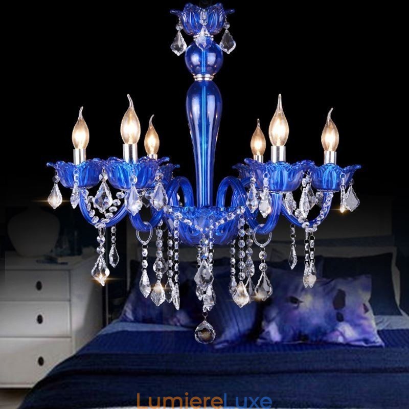 Lustre en cristal de style européen, suspension en verre cristal bleu