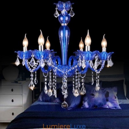 Lustre en cristal de style européen, suspension en verre cristal bleu Lustre en cristal de style européen, suspension en verre cristal bleu