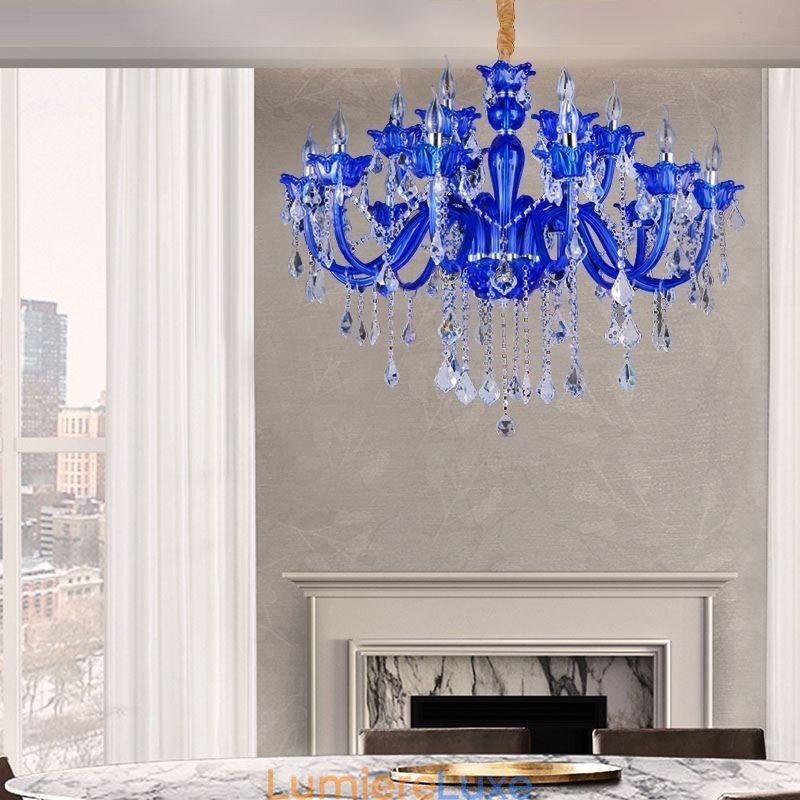 Lustre en cristal de style européen, suspension en verre cristal bleu