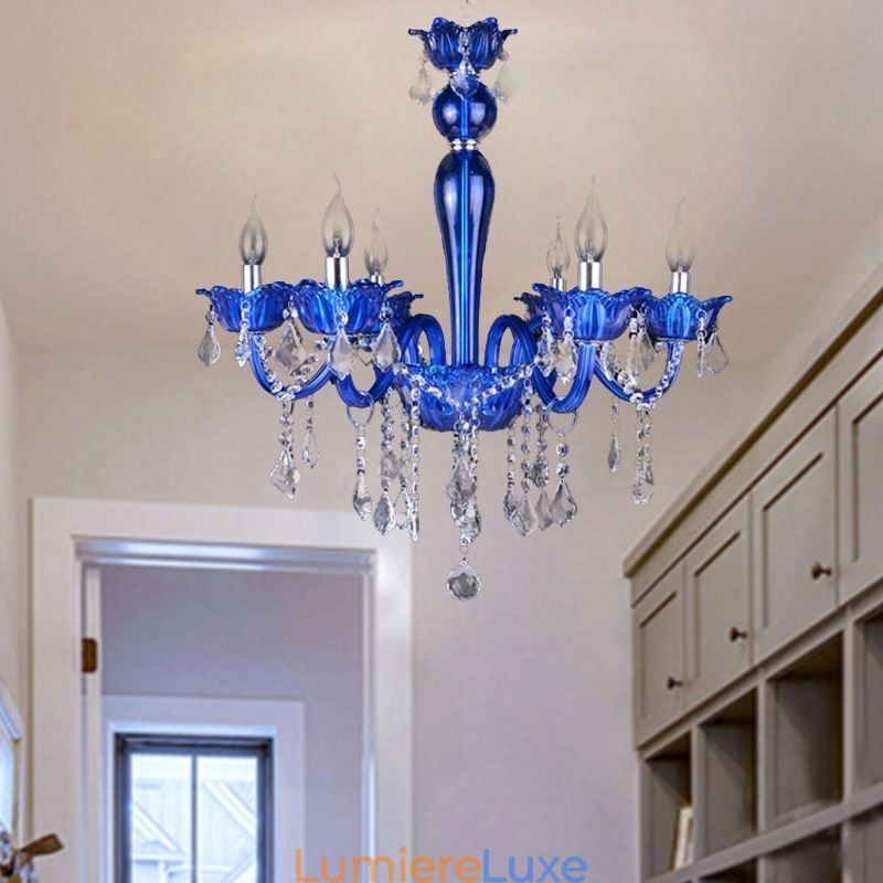 Lustre en cristal de style européen, suspension en verre cristal bleu
