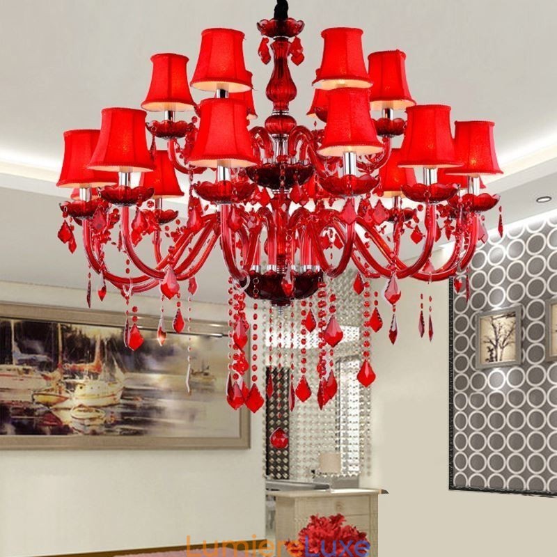 Lustre en cristal de style européen, suspension de couleur rouge