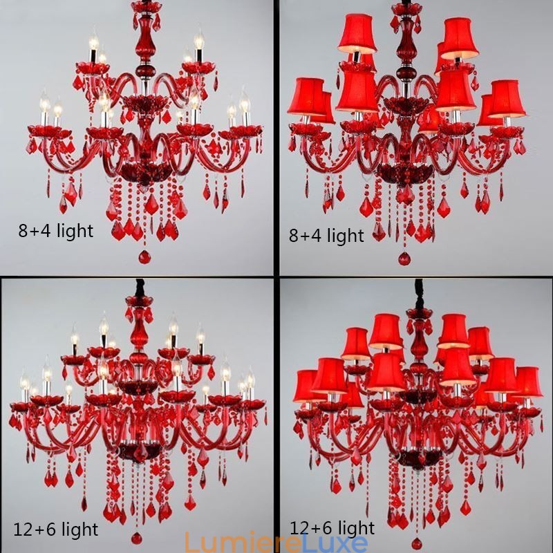 Lustre en cristal de style européen, suspension de couleur rouge