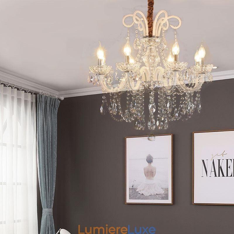 Lustre élégant en cristal de style européen, suspension de couleur blanche