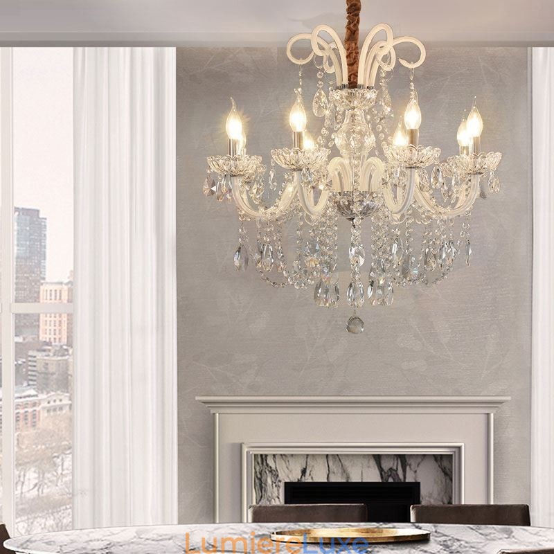 Lustre élégant en cristal de style européen, suspension de couleur blanche
