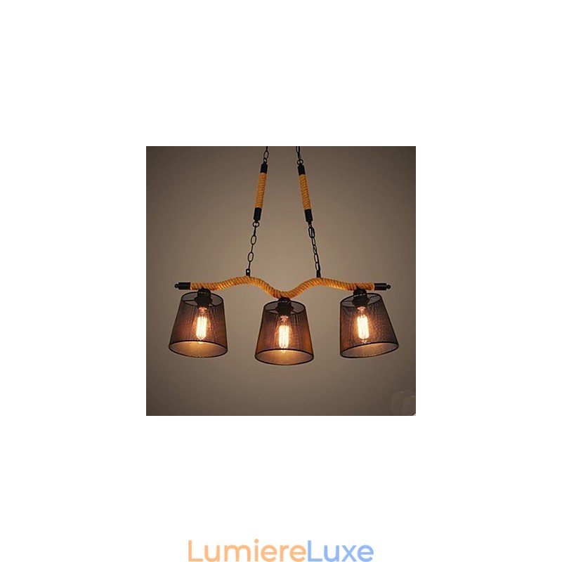 Lustre rétro créatif à trois têtes pastorales en corde