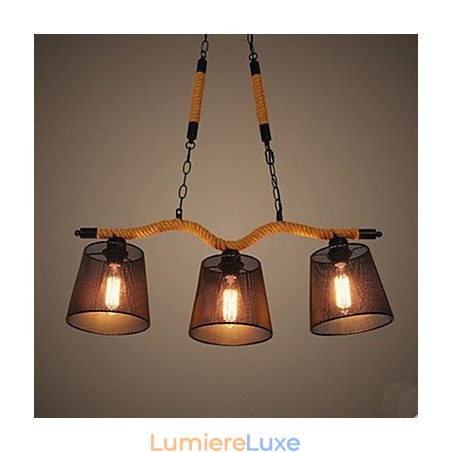 Lustre rétro créatif à trois têtes pastorales en corde Lustre rétro créatif à trois têtes pastorales en corde