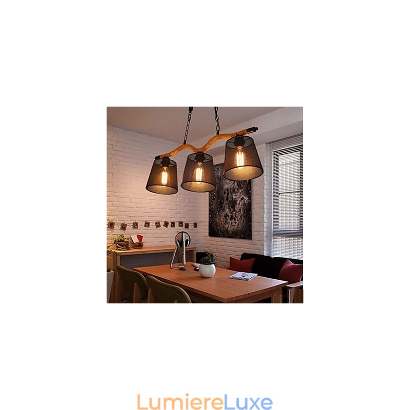 Lustre rétro créatif à trois têtes pastorales en corde
