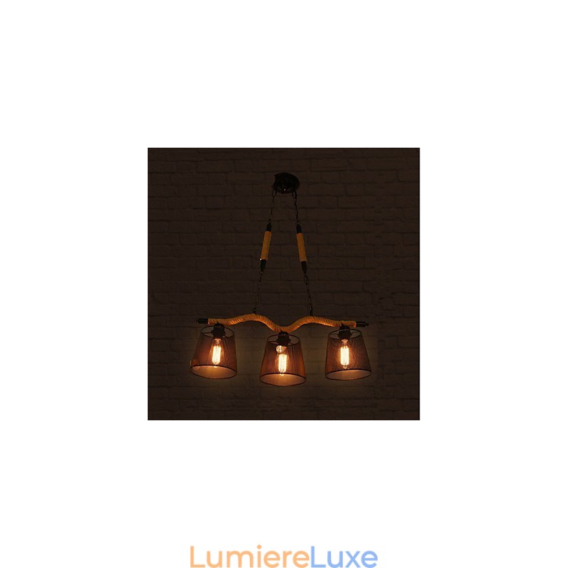 Lustre rétro créatif à trois têtes pastorales en corde