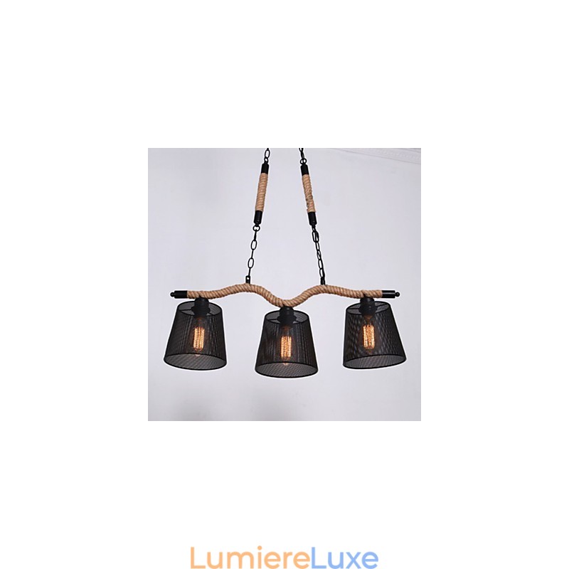 Lustre rétro créatif à trois têtes pastorales en corde