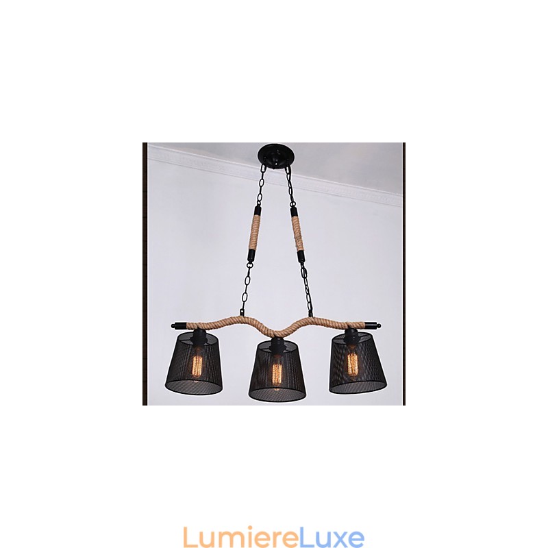 Lustre rétro créatif à trois têtes pastorales en corde