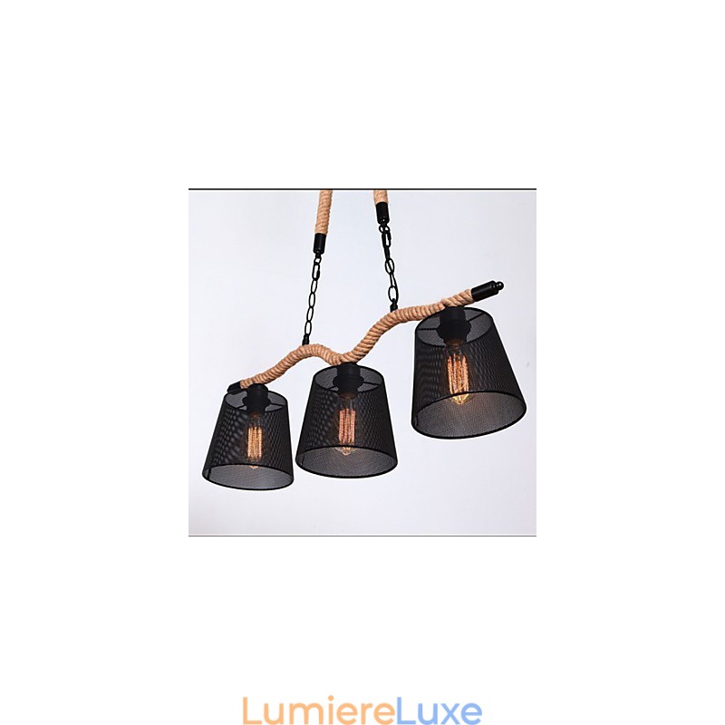 Lustre rétro créatif à trois têtes pastorales en corde