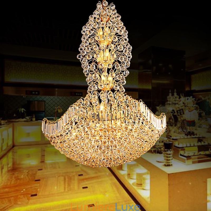 Lustre Empire en cristal européen, grande suspension dorée
