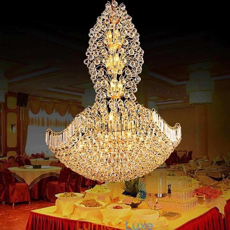 Lustre Empire en cristal européen, grande suspension dorée