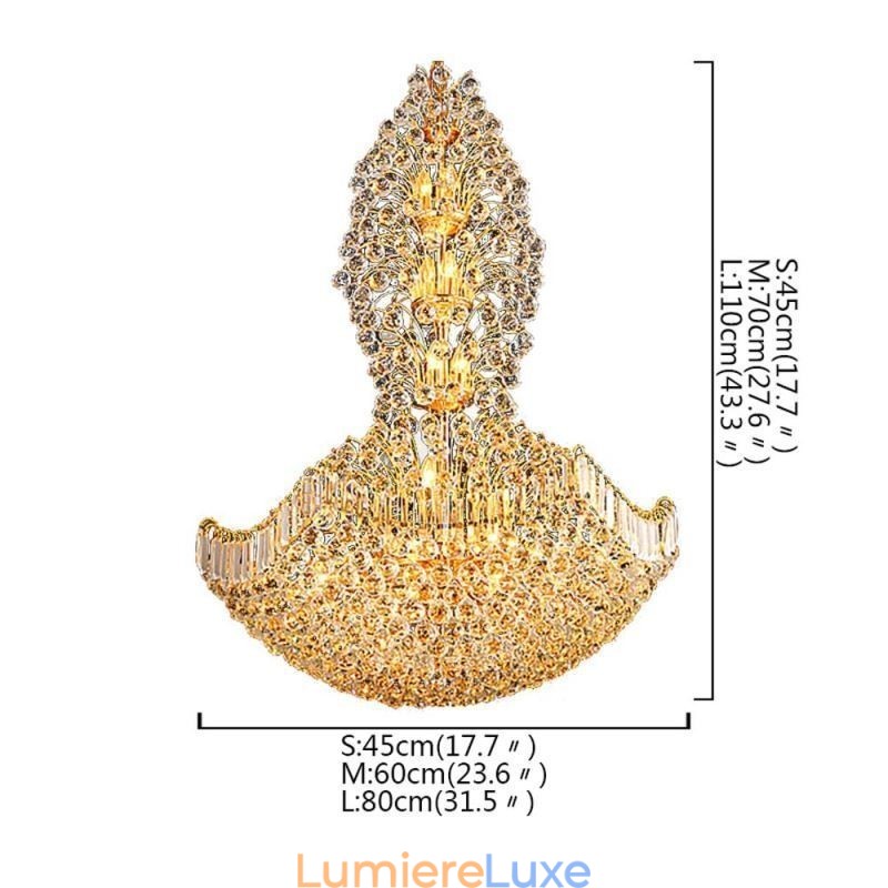 Lustre Empire en cristal européen, grande suspension dorée