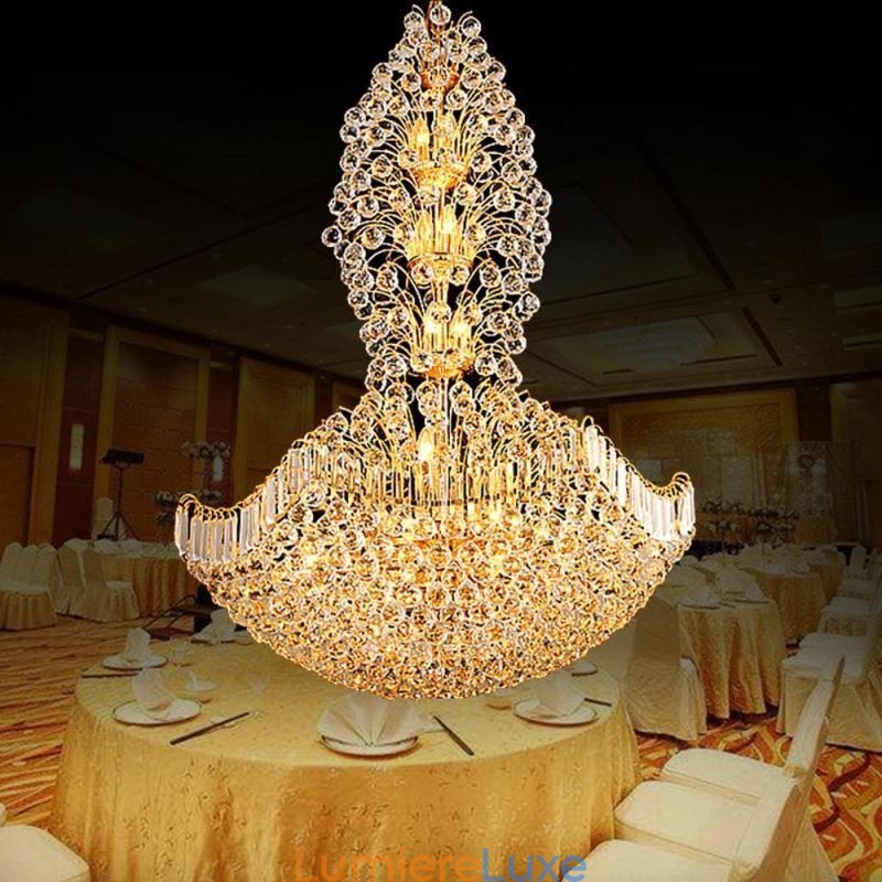 Lustre Empire en cristal européen, grande suspension dorée