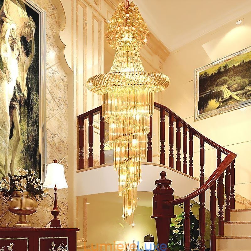 Lustre en cristal de luxe moderne européen gracieux long pendentif duplex escalier