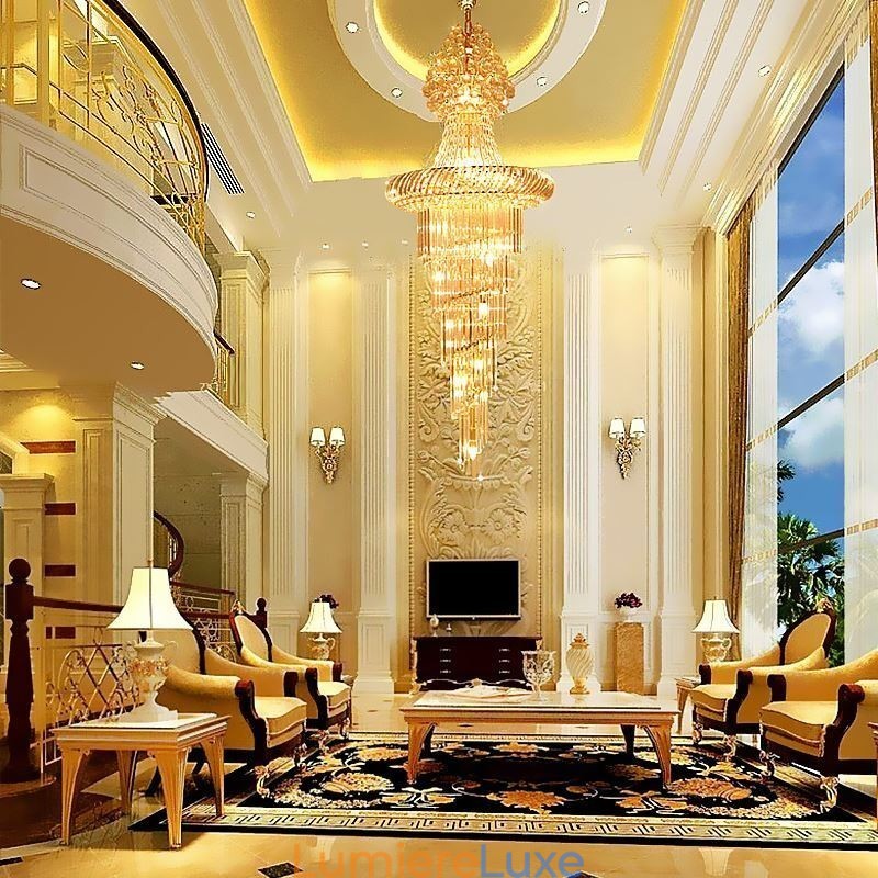 Lustre en cristal de luxe moderne européen gracieux long pendentif duplex escalier