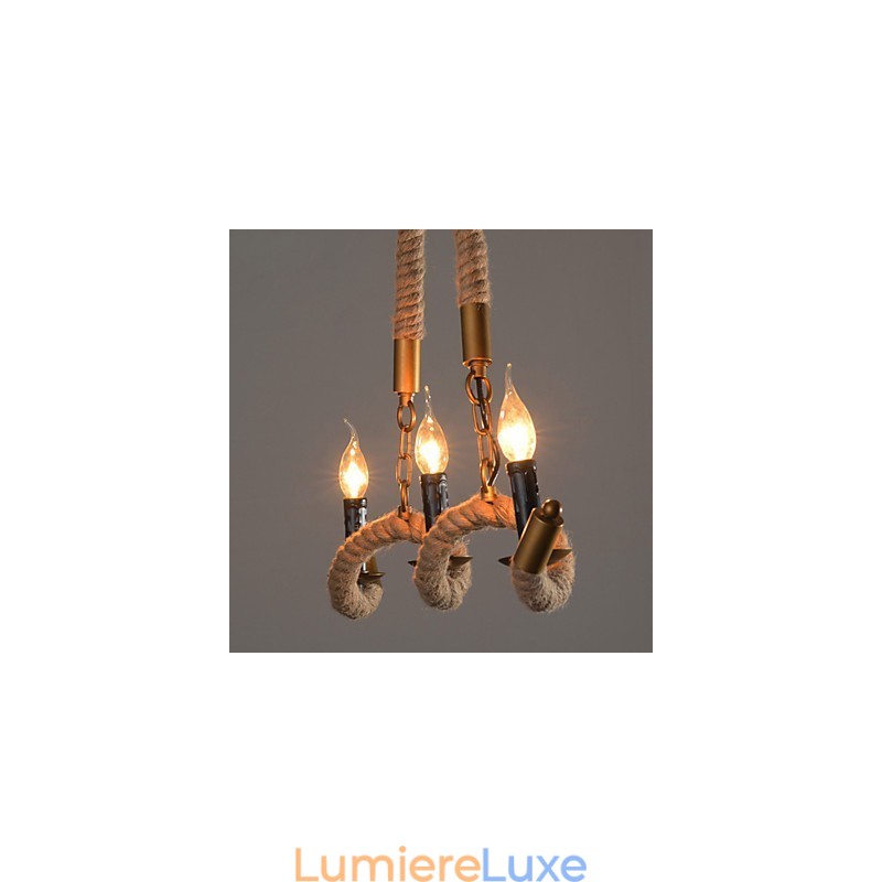 Lustre vintage en corde de chanvre et fer forgé