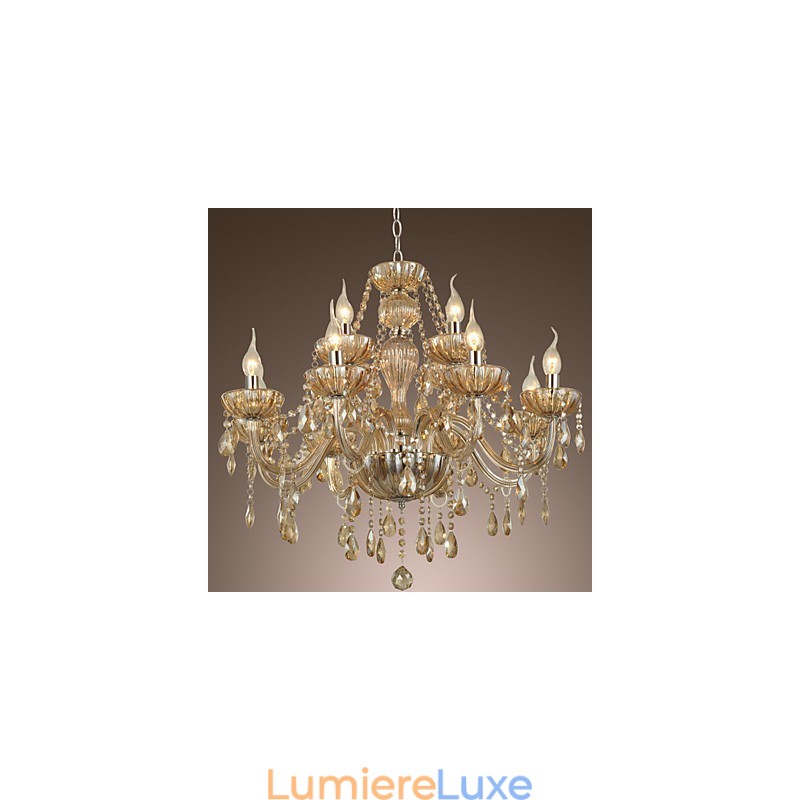 Lustre en cristal de luxe moderne à 2 niveaux, 12 lumières