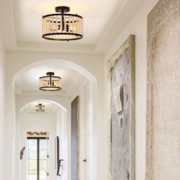Plafonnier à 3 lampes en perles de bois pour hall d'entrée