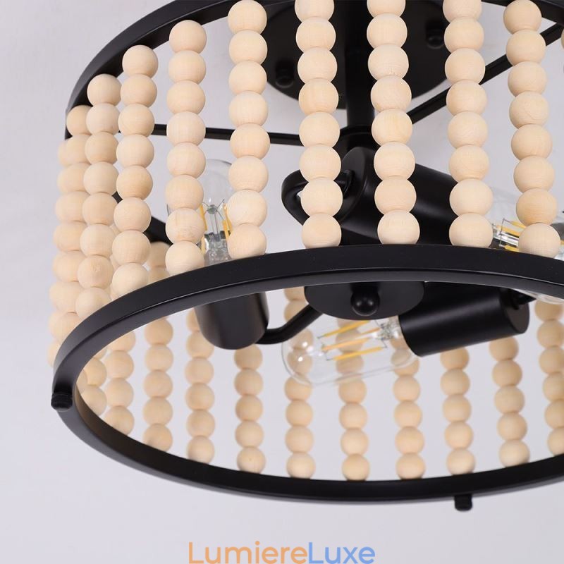 Plafonnier à 3 lampes en perles de bois pour hall d'entrée