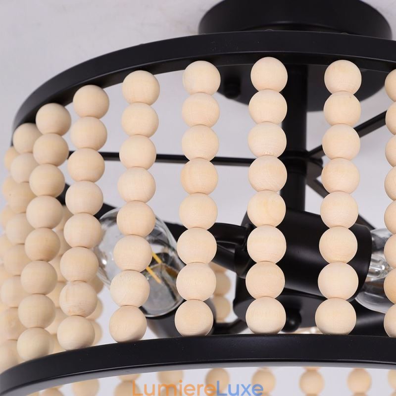 Plafonnier à 3 lampes en perles de bois pour hall d'entrée