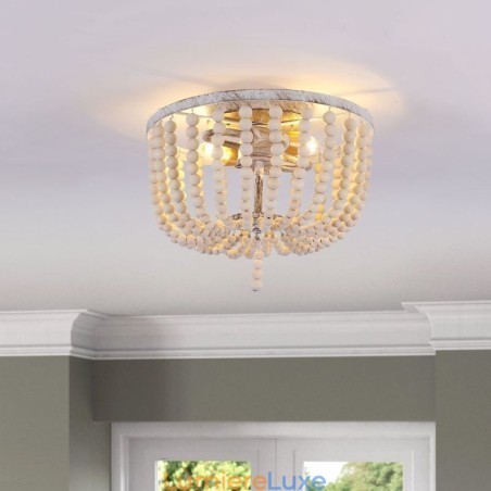 Plafonnier encastré à 3 lumières avec perles en bois de style ferme Plafonnier encastré à 3 lumières avec perles en bois de style ferme