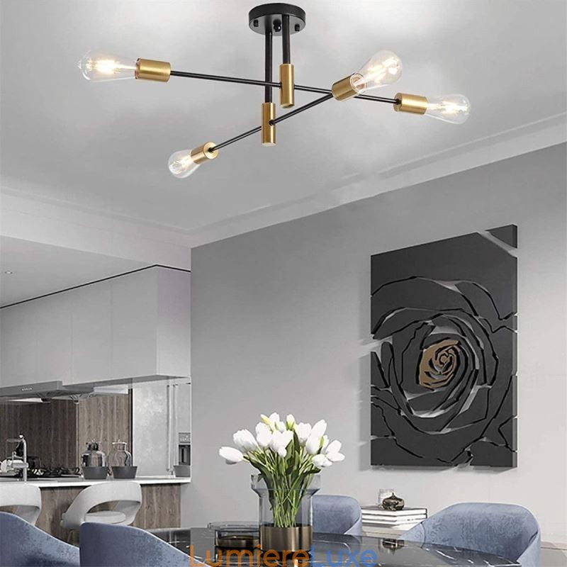 Lustre Spoutnik noir à 4 lumières, plafonnier semi-encastré du milieu du siècle