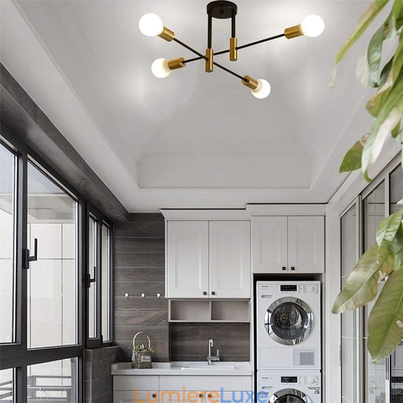 Lustre Spoutnik noir à 4 lumières, plafonnier semi-encastré du milieu du siècle